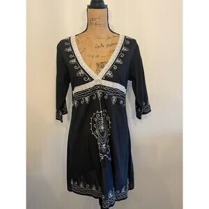 Just Be Gauze Black Dress with White Embroidery Size Medium